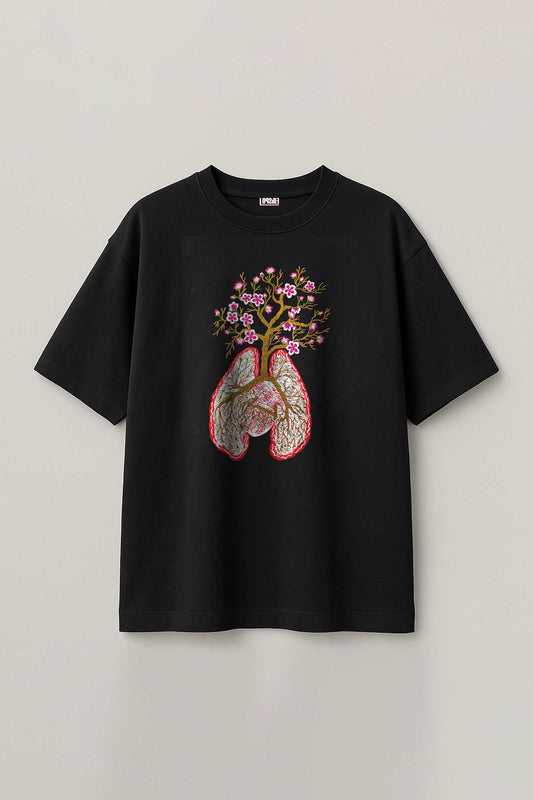 The Tree of Life Embroidered Artwork Half Sleeve Black T-shirt For Women