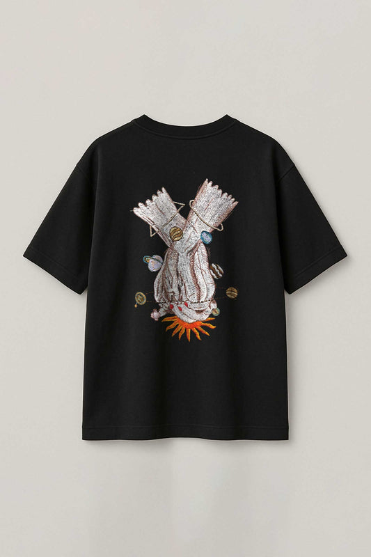 Cosmic Hand Embroidered Artwork Half Sleeve Black T-shirt For Men