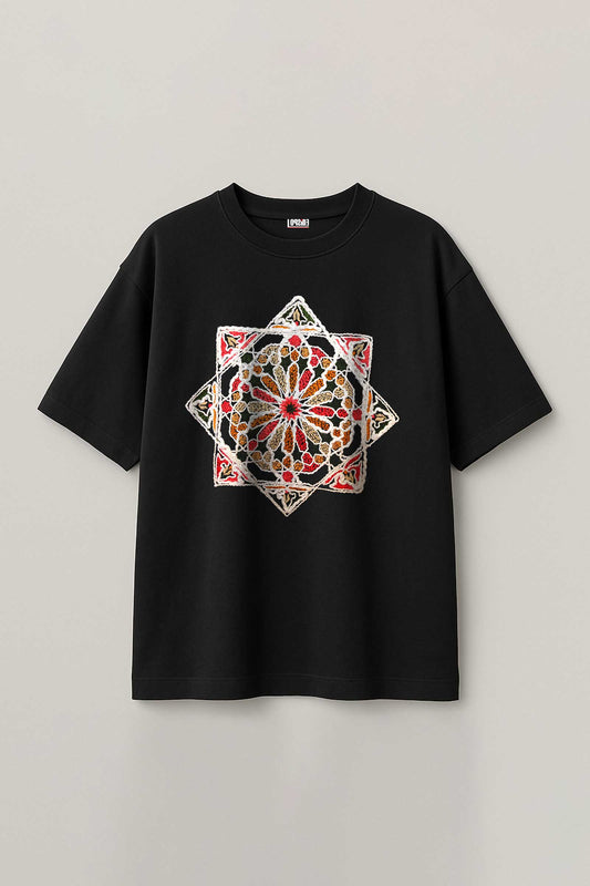 Sacred Geometry Embroidered Artwork Half Sleeve Black T-shirt For Men