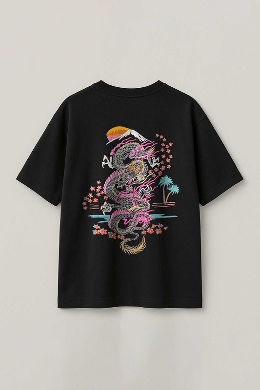 Ryujin Japanese Dragon Embroidered Artwork Half Sleeve Black T-shirt For Men
