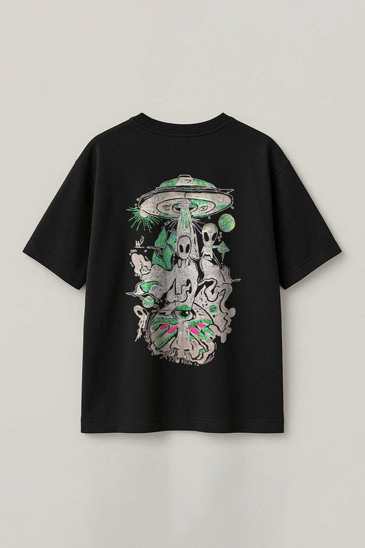 Space Trip Embroidered Artwork Half Sleeve Black T-shirt For Men