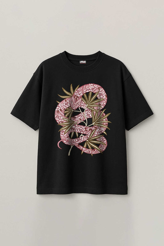 The Snake Art Embroidered Artwork Half Sleeve Black T-shirt For Men