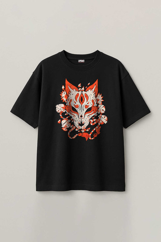 Mascara Kitsune Embroidered Artwork Black Half Sleeve T-shirt For Women