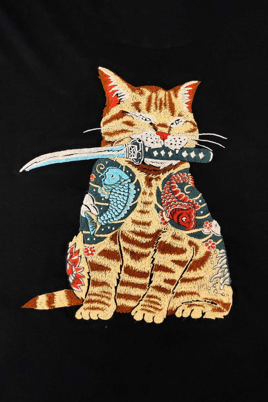 Catana "Japanese Samurai Ninja Cat" Embroidered Artwork Half Sleeve T-shirt For Women
