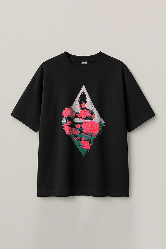 Rose Snake Embroidered Artwork Half Sleeve Black T-shirt For Men