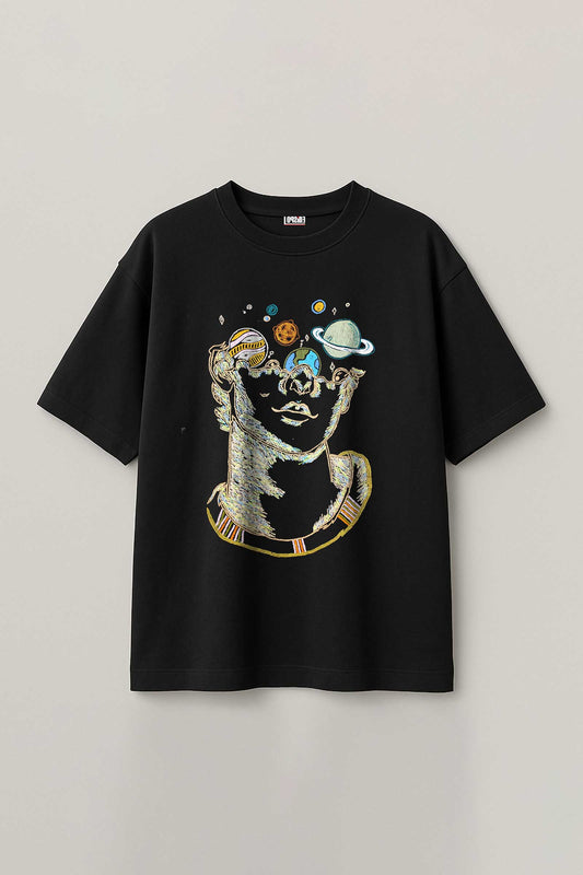 Trippy Cosmic Art Embroidered Artwork Half Sleeve Black T-shirt For Women