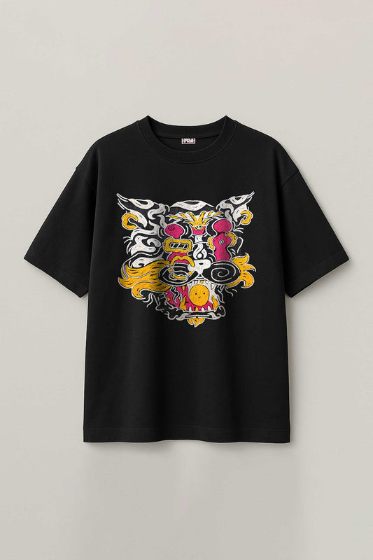 Trippy Psychedelic Tiger Embroidered Artwork Black Oversized T-shirt