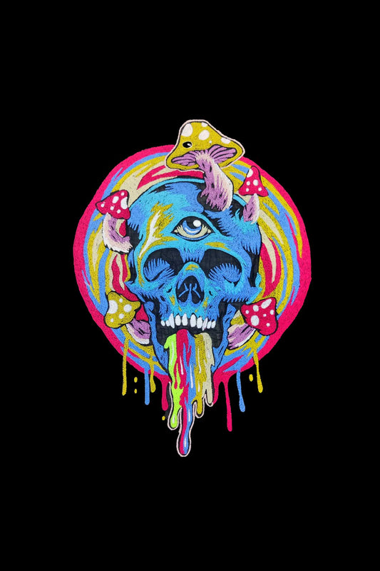 Embroidered Skull Magic Mushroom Artwork Half Sleeve Black T-shirt For Men