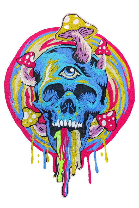 Embroidered Skull Magic Mushroom Artwork Half Sleeve White T-shirt For Women