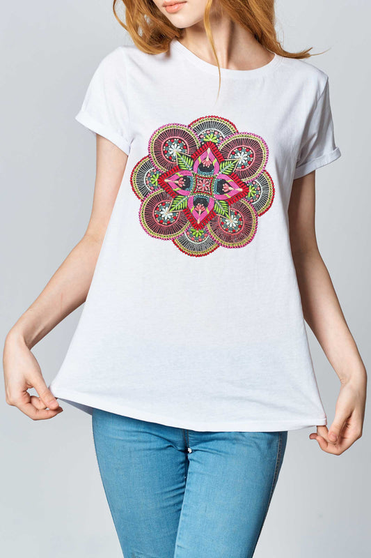 Embroidered Geometric Artwork T-shirt For Women