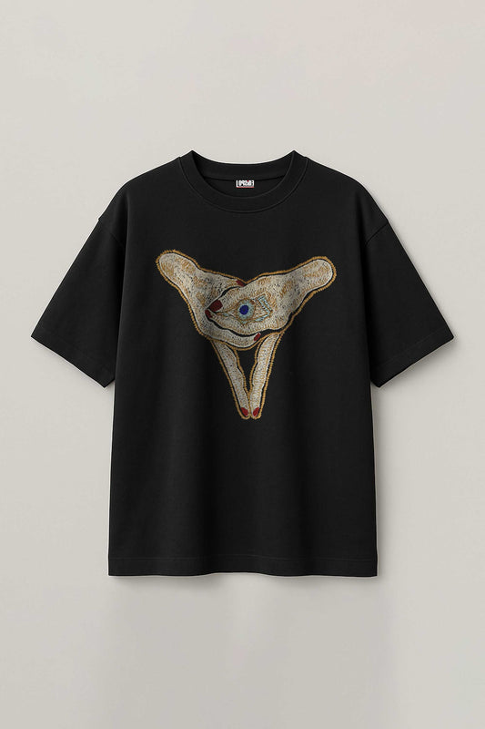 Embroidered Trippy Artwork Black Oversized T-shirt
