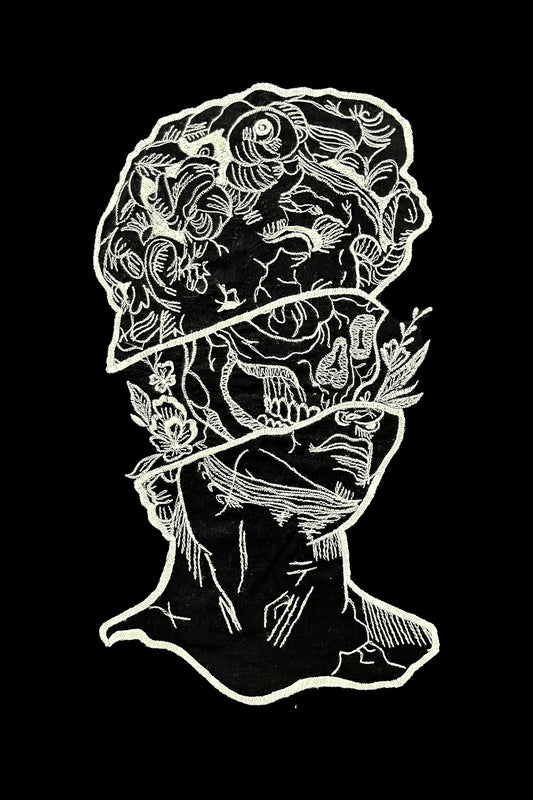 Eternal Patience Embroidered Artwork Half Sleeve Black T-shirt For Men