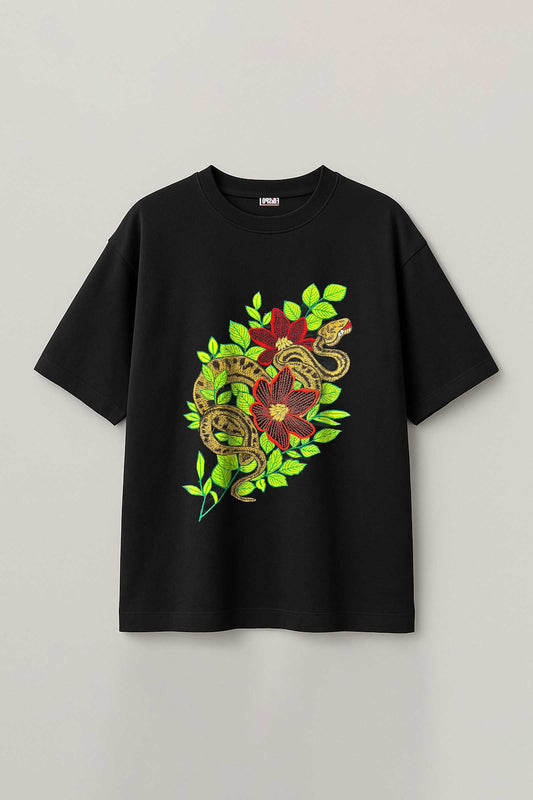 Twisted Garden Embroidered Artwork Half Sleeve Black T-shirt For Women