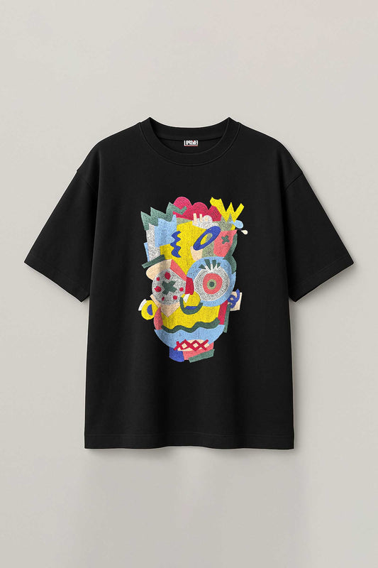 Abstract Collage Embroidered Artwork Black T-shirt