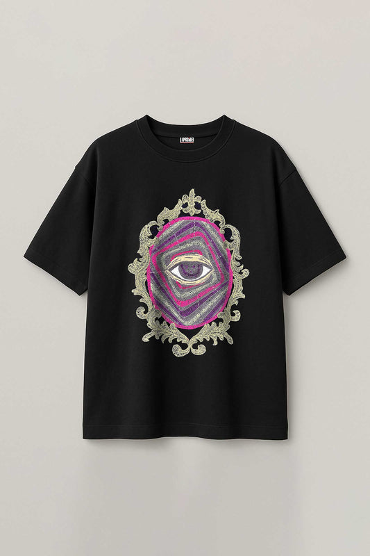 Sacred Eye Mirror Embroidered Artwork Black T-shirt For Men