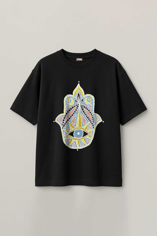 Khamsa Sacred Eye Mirror Embroidered Artwork Half Sleeve T-shirt For Men