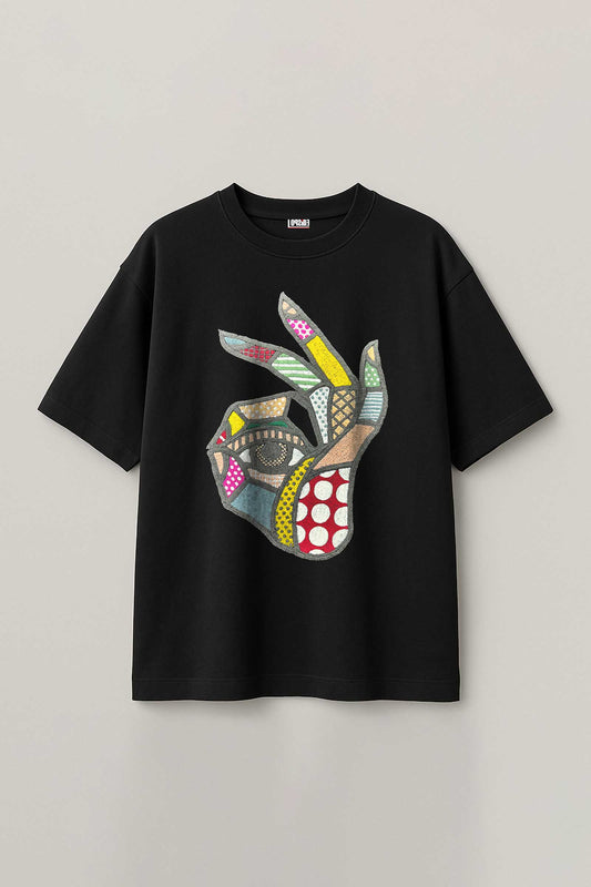 Hand Collage Embroidered Artwork Half Sleeve T-shirt For Women