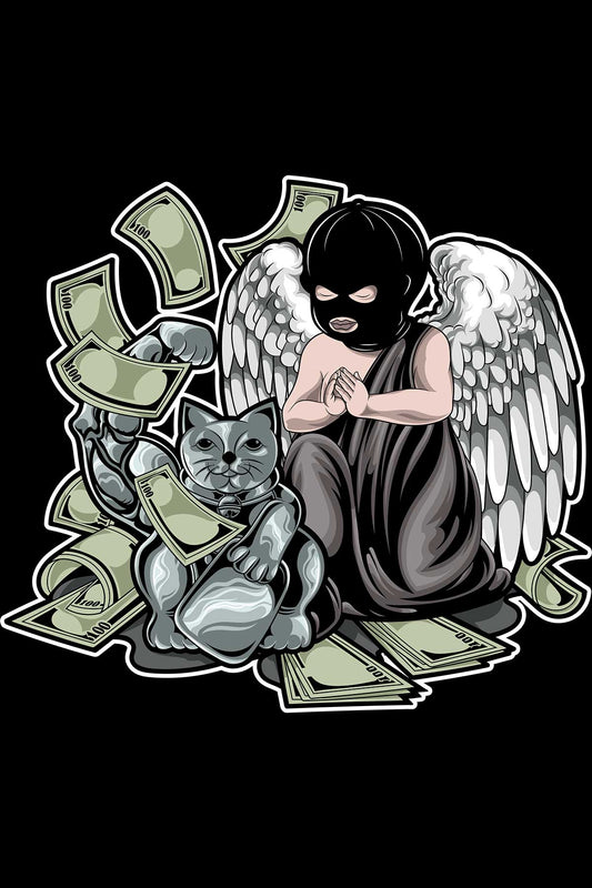 Baby Angel Praying With Lucky Cat Black Oversized Unisex T-shirt