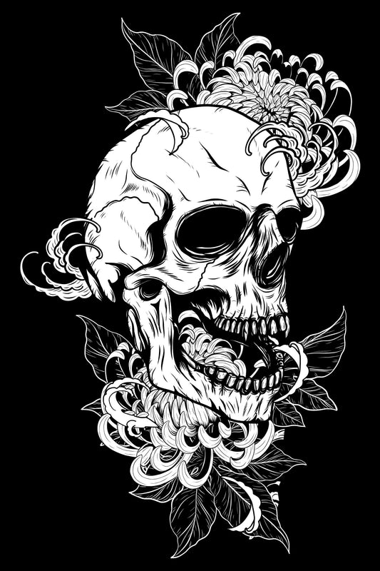 Japanese Line Art Skull Black T-shirt For Women