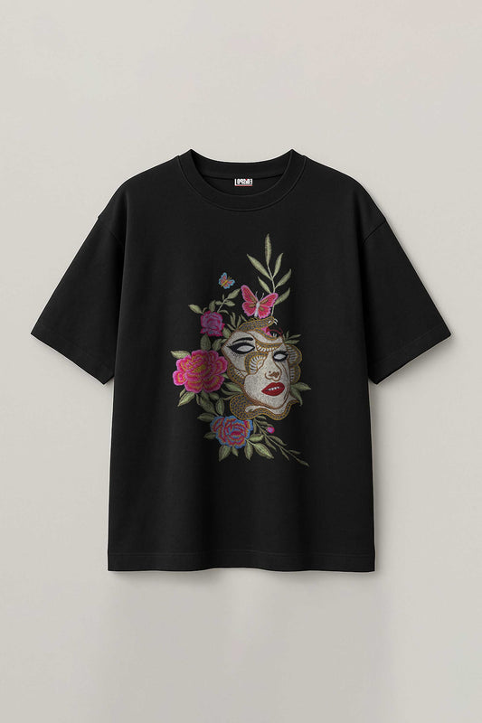 Trippy Face Embroidered Artwork Black Oversized T-shirt