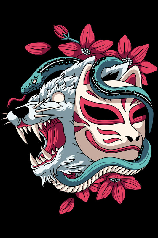 Japanese Kitsune Wolf Black Oversized T-shirt For Men