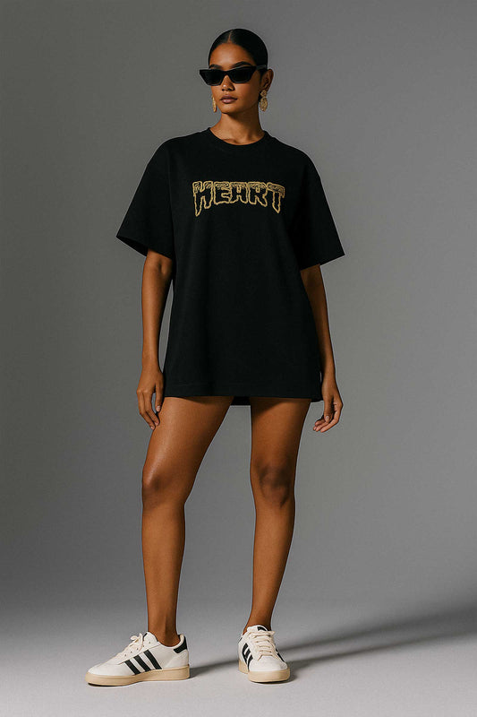 Heart & Poison Streetwear Art Black Oversized T-shirt For Women