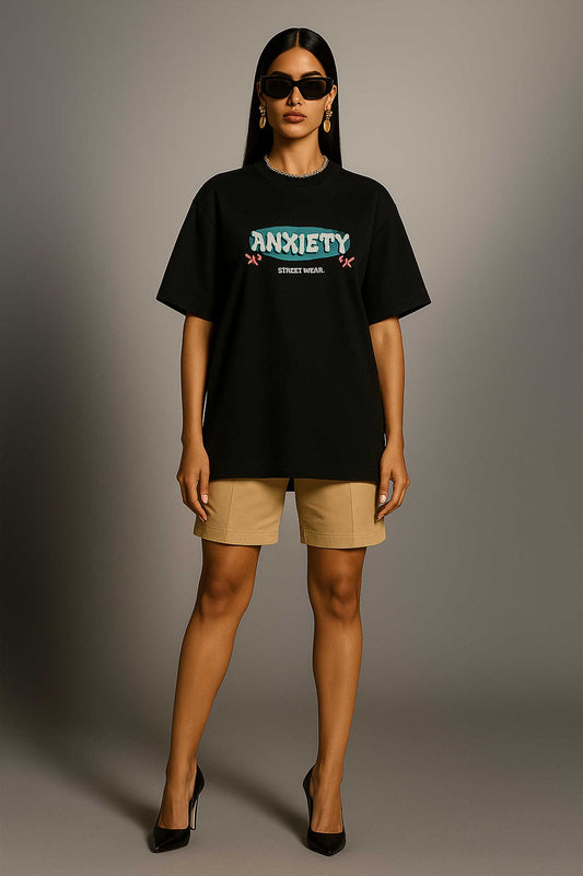 Anxiety Streetwear Art Black Oversized T-shirt For Women