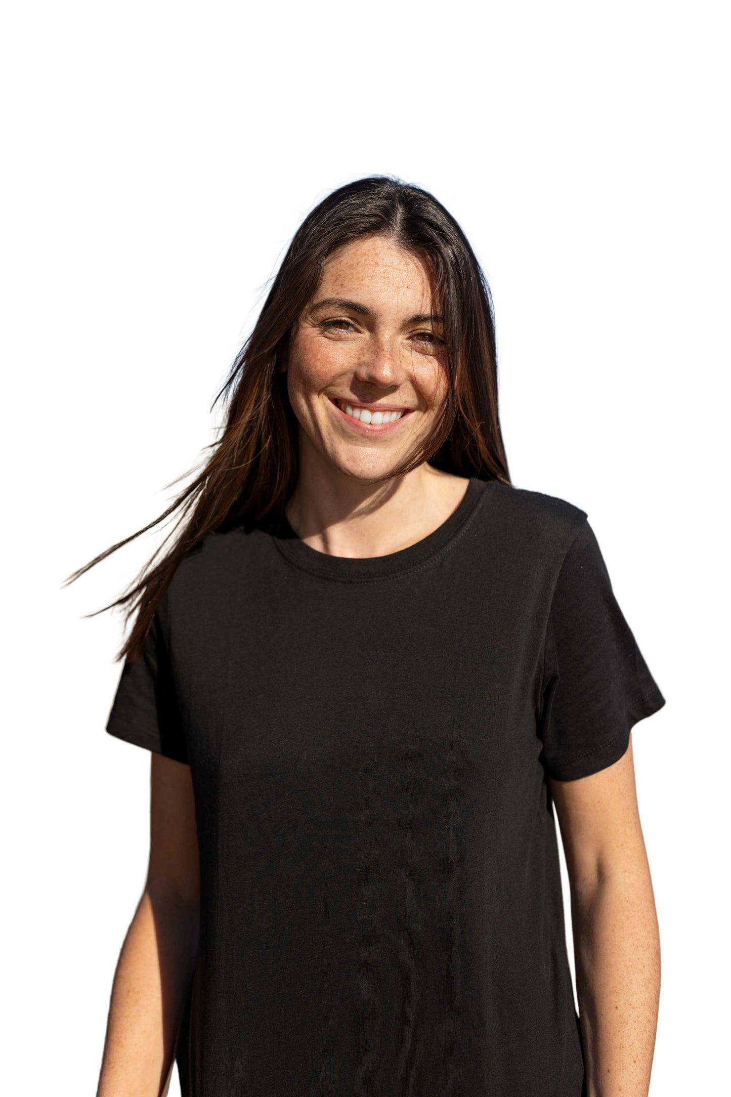 Woman wearing a black t-shirt on a white background