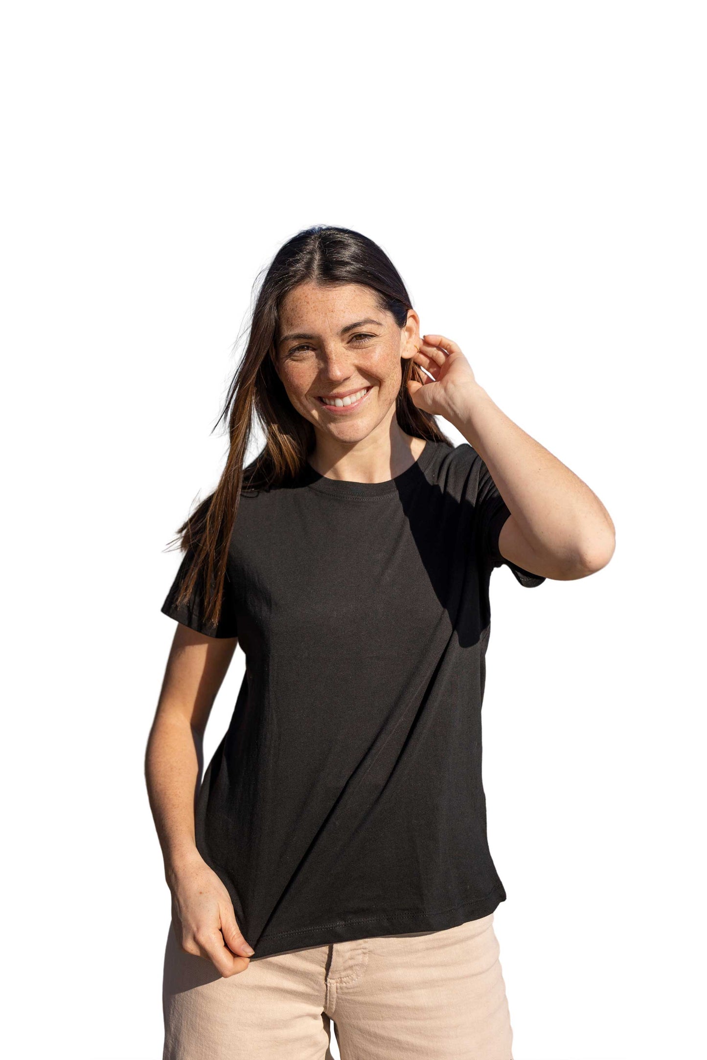 Woman wearing a black t-shirt on a white background
