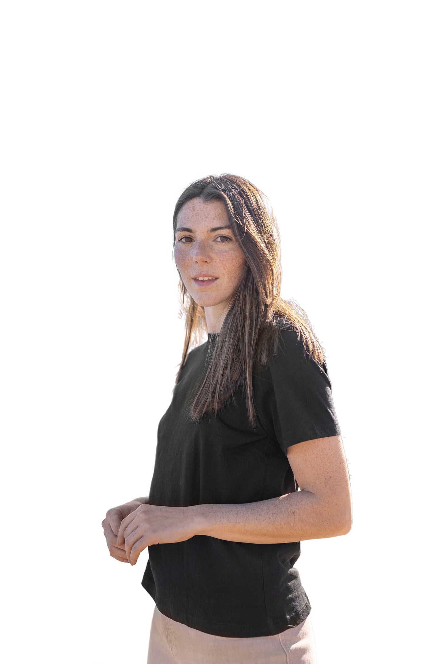 Woman wearing a black t-shirt on a white background