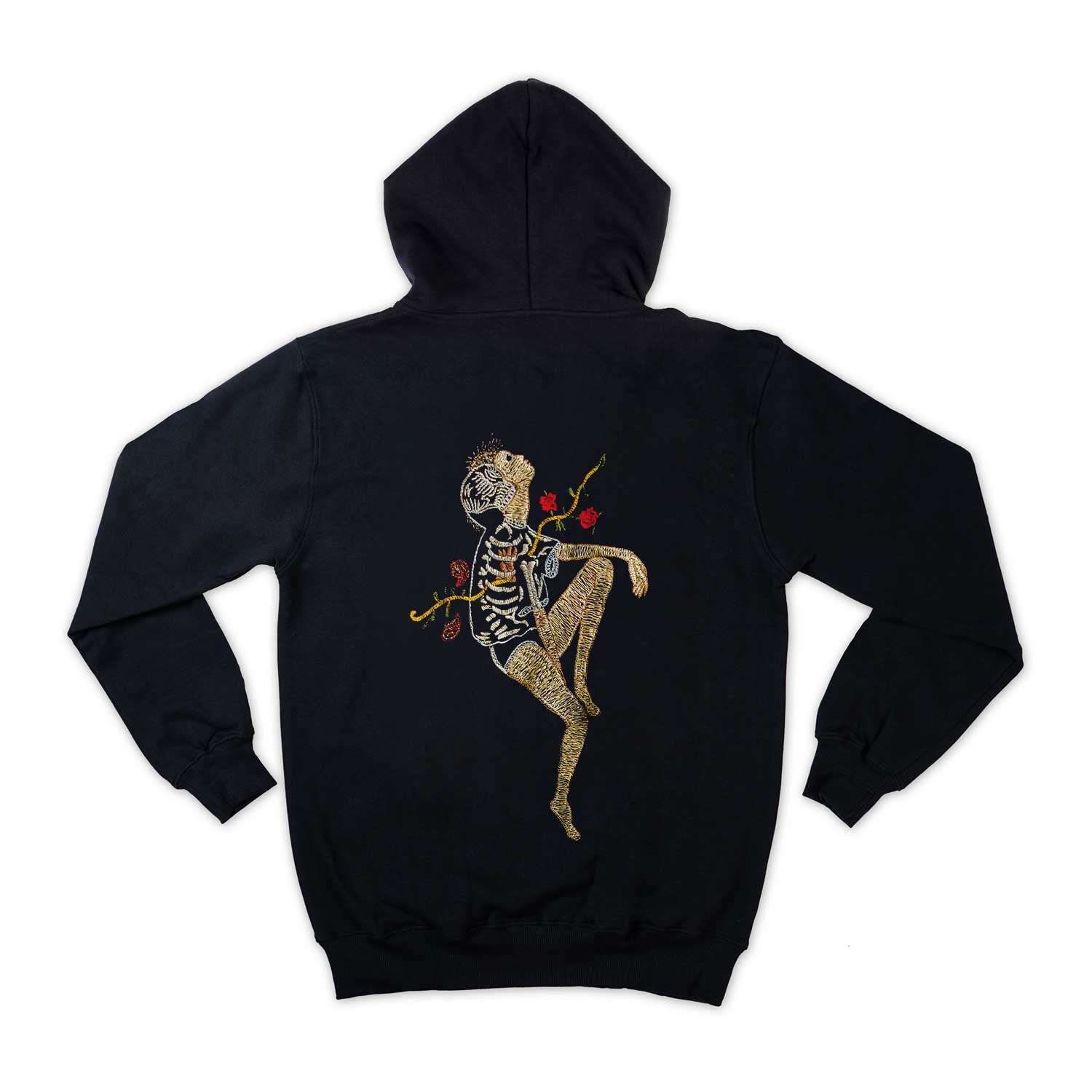 A black unisex hoodie with embroidered artwork on the front, featuring a skeleton and flowers, a drawstring hood, and long sleeves.