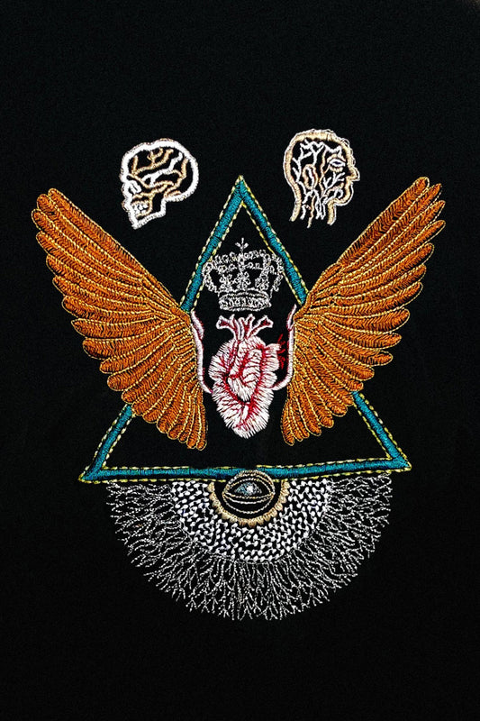 Eye of Providence Embroidered Artwork Half Sleeve Black T-shirt For Women