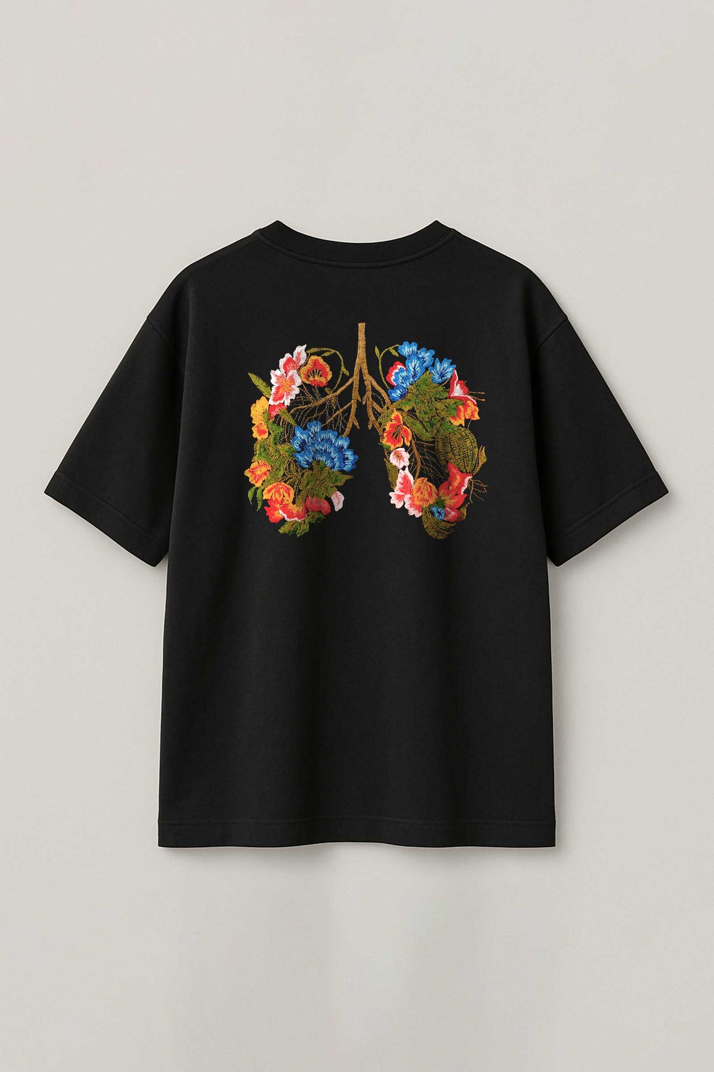 Lungs Art Emroidered Artwork Half Sleeve Black T-shirt For Women