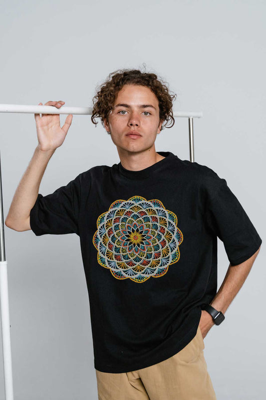 Geometric Artwork Embroidered Half Sleeve Black Oversized T-shirt For Men