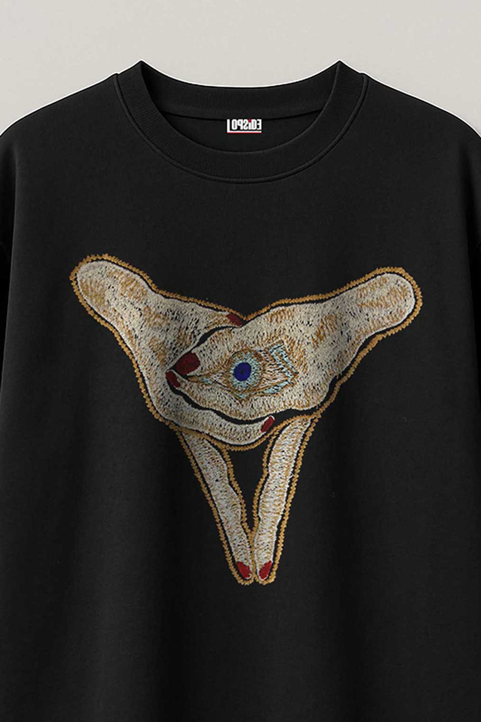 Embroidered Trippy Artwork Black Oversized T-shirt