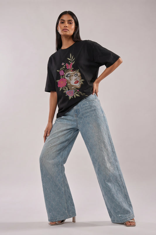 Trippy Face Embroidered Artwork Half Sleeve T-shirt For Women