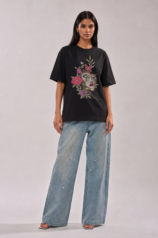 Trippy Face Embroidered Artwork Half Sleeve T-shirt For Women