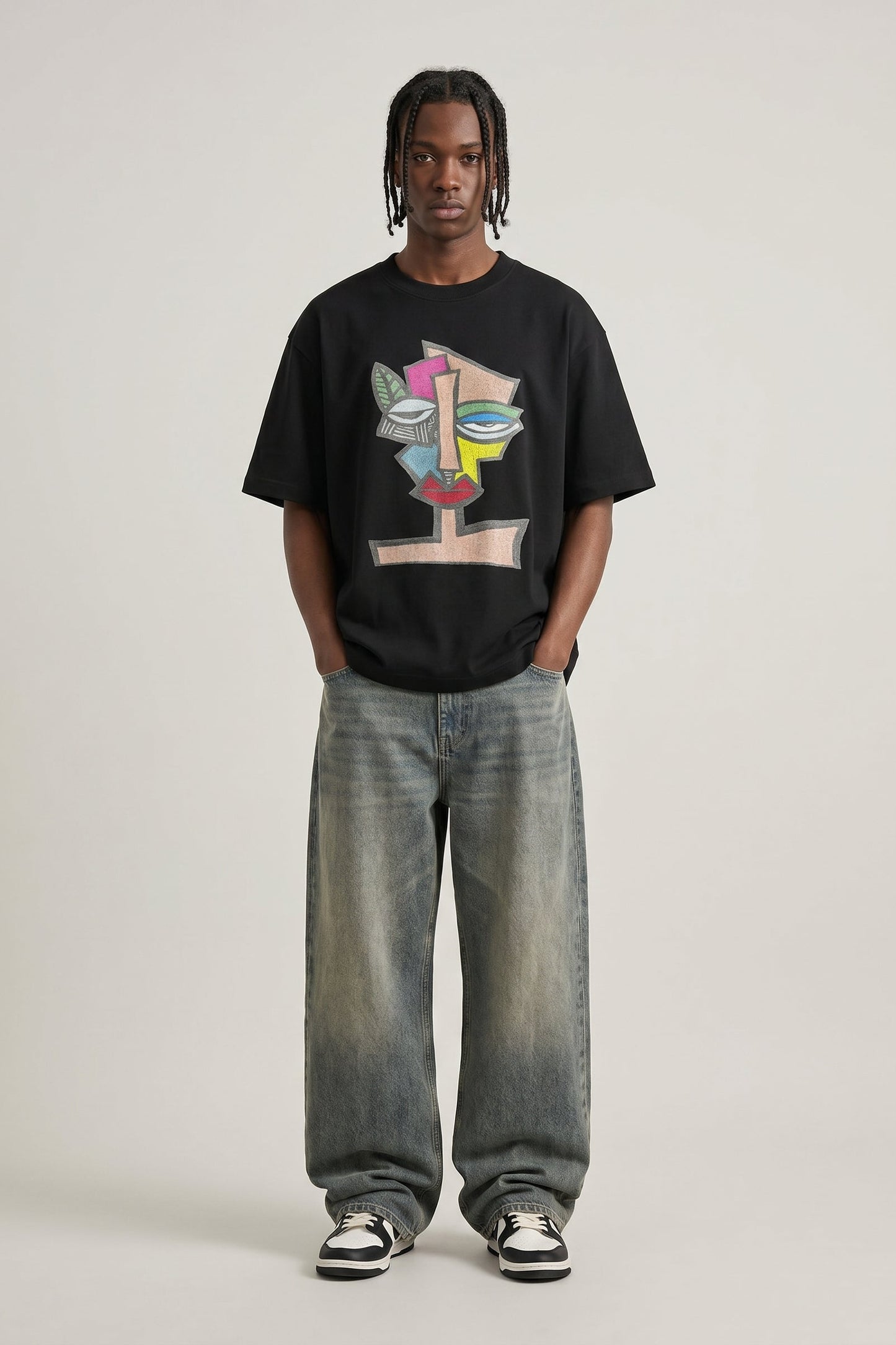Person wearing a black t-shirt with colorful design and light blue jeans on a white background