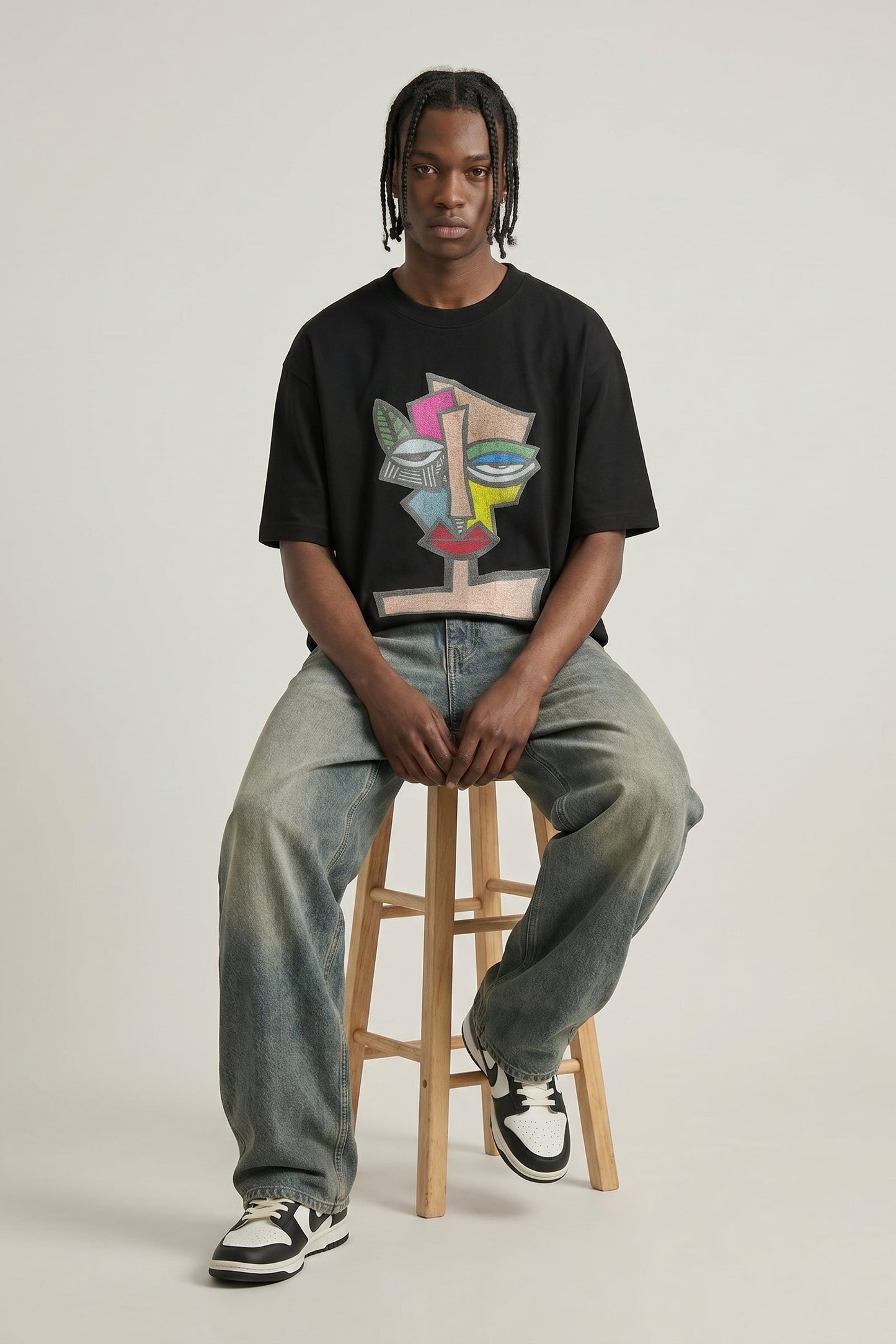 Person wearing a black t-shirt with a colorful graphic design, sitting on a wooden stool against a plain background.