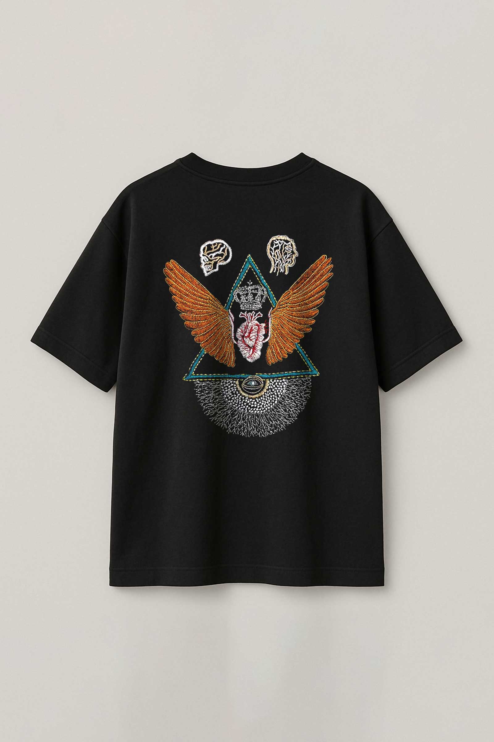 Black t-shirt with a colorful graphic design on a light gray background
