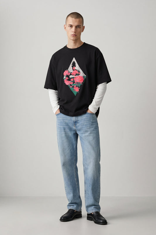 Rose Snake Embroidered Artwork Black T-shirt For Men