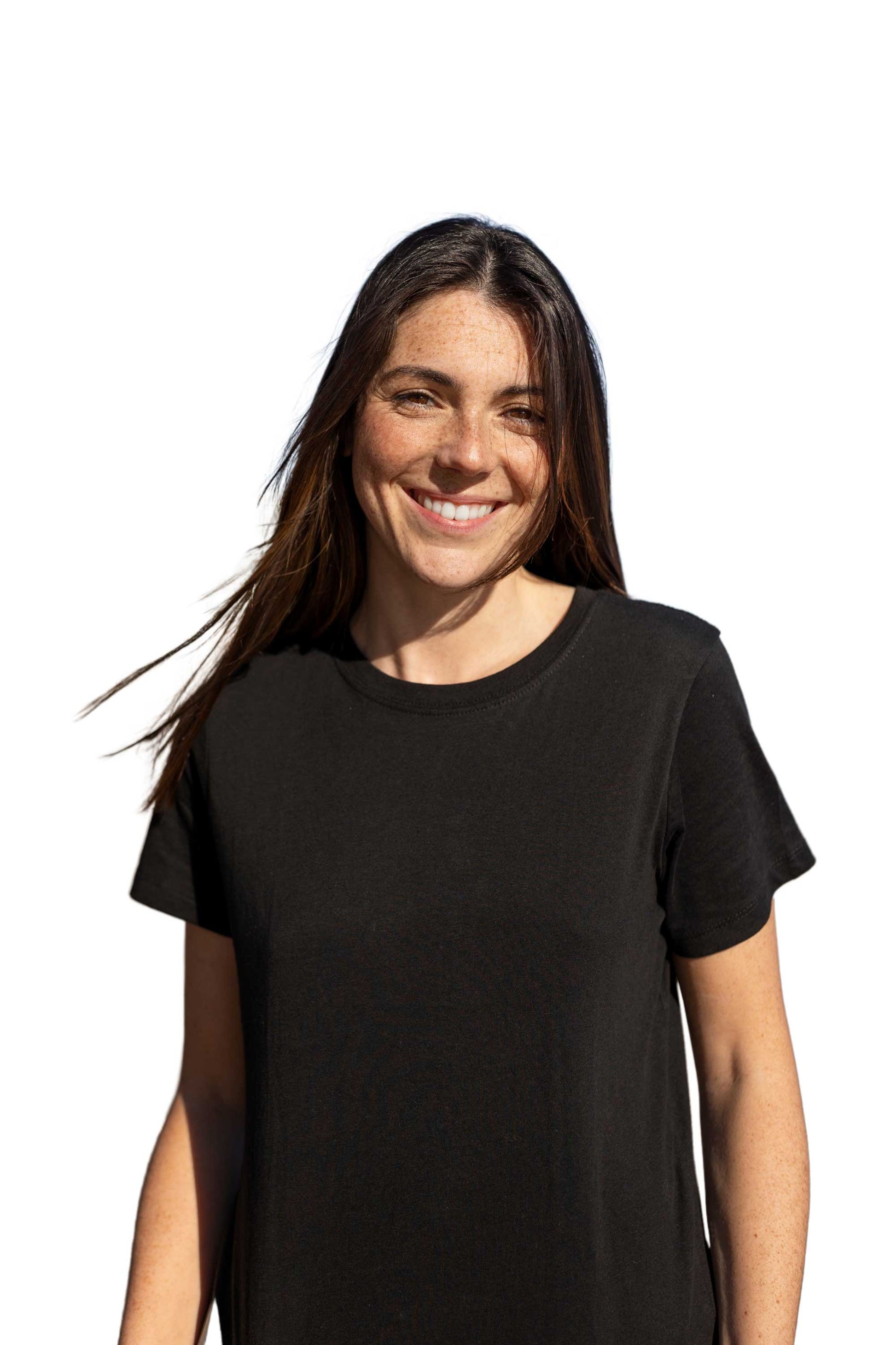 Woman wearing a black t-shirt on a white background